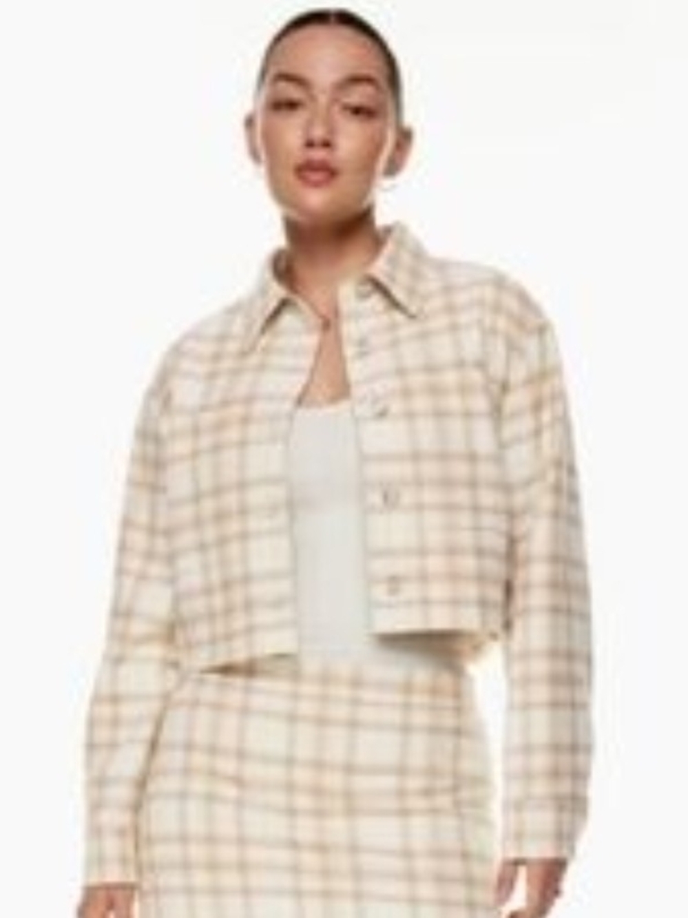 Wilfred | Cropped Plaid Jacket in Cream and Tan